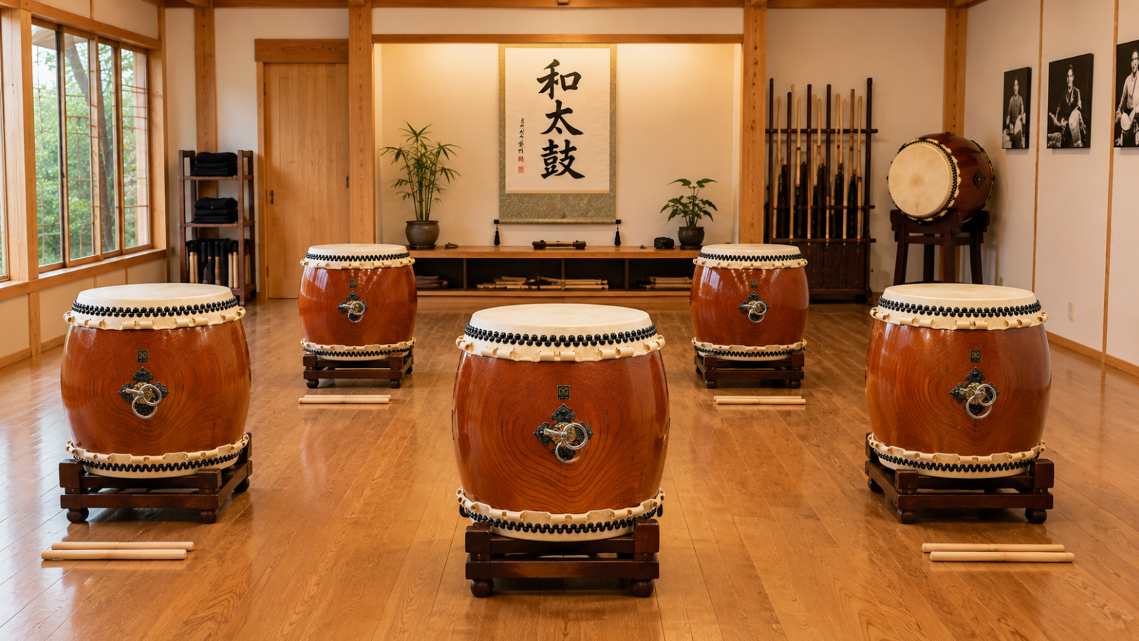Small taiko dojo setup with several Nagado Daiko arranged for beginner group practice