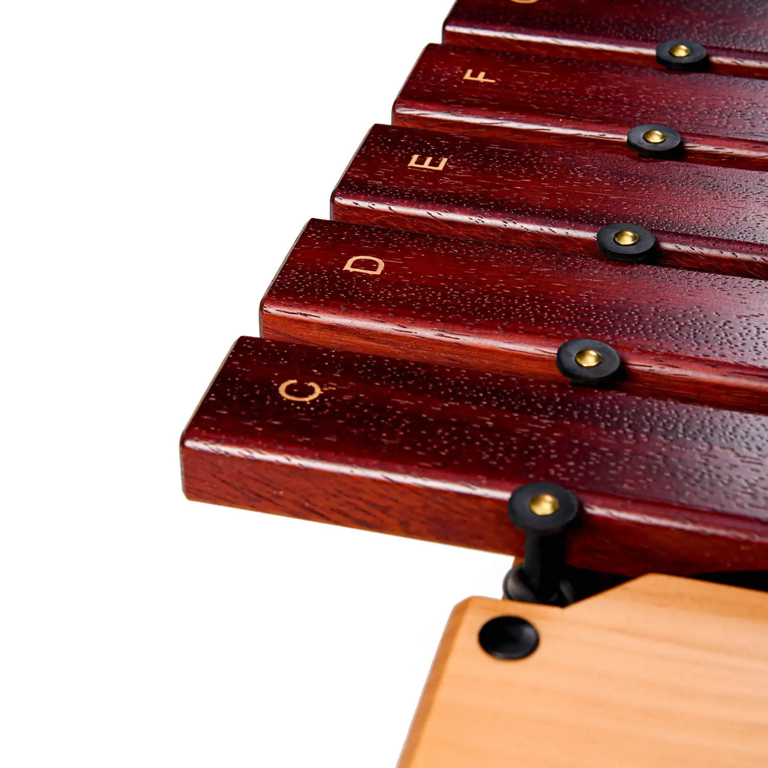 JINLEI box xylophone low pitch BXL-22 close-up of C D E F rosewood keys with gold engraved note labels and brass pin mounts on natural wood frame