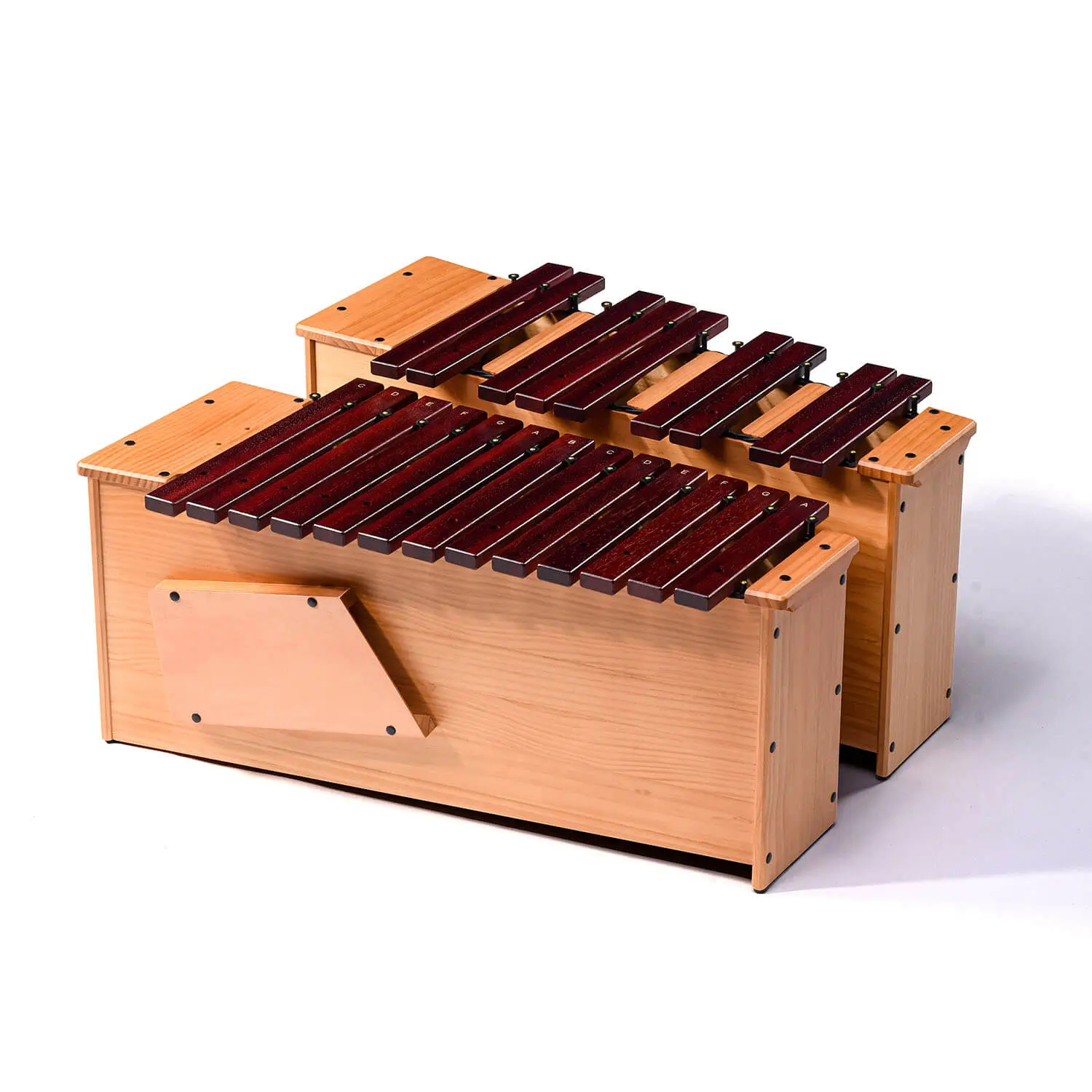 JINLEI box xylophone low pitch BXL-22 - 22-note bass tabletop xylophone with dark rosewood bars, raised chromatic row, and tall natural wood resonator box