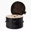 JINLEI hira-o-shime taiko soft case opened showing painted drum head with tomoe design inside, padded lid flipped open