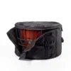 JINLEI hira-o-shime taiko soft case with side panel unzipped revealing lacquered rope-tuned drum body and black ropes inside