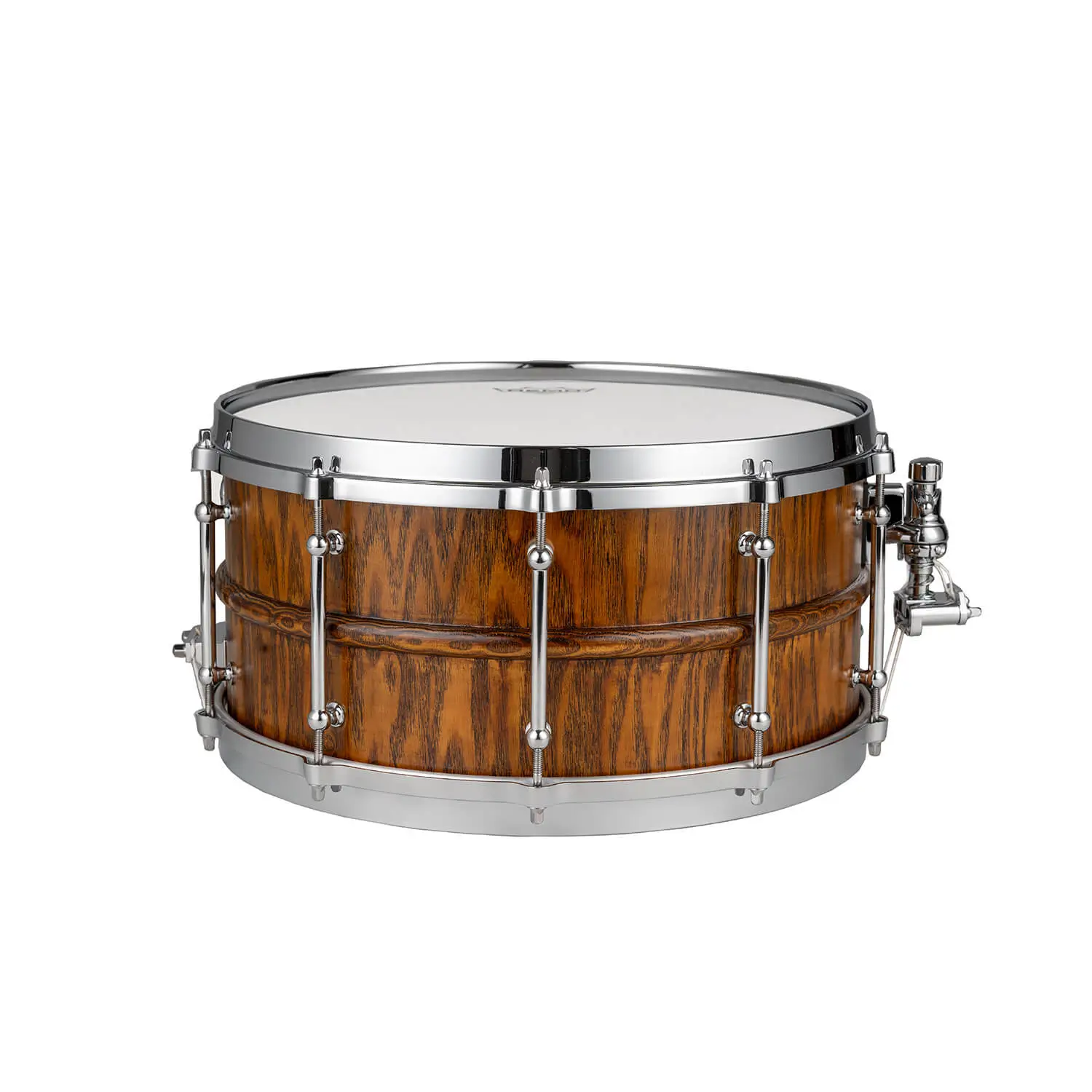 JINLEI hollowed solid wood snare drum 6.5 inch - front view showing rich wood grain shell with chrome tube lugs, triple-flange hoops, and strainer