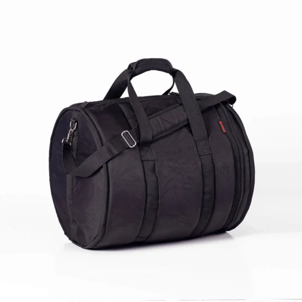 JINLEI katsugi daiko soft case - black padded barrel-shaped drum bag with top carry handles, adjustable shoulder strap, and reinforced webbing