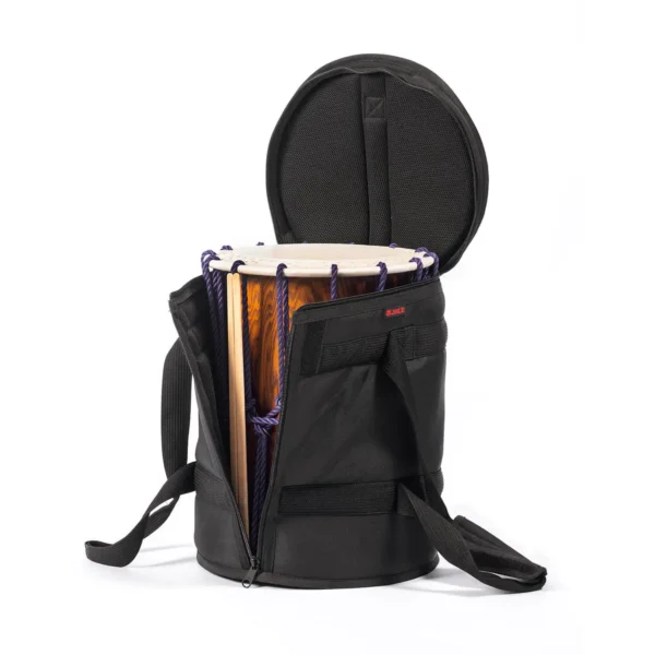 JINLEI katsugi shime case opened showing rope-tuned katsugi shime daiko with lacquered body and bachi stored inside padded lid