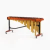 JINLEI marimba MLP-52 - angled perspective showing graduated rosewood keys, gold resonator pipes, cherry wood rail with JINLEI badge, and height-adjustable stand