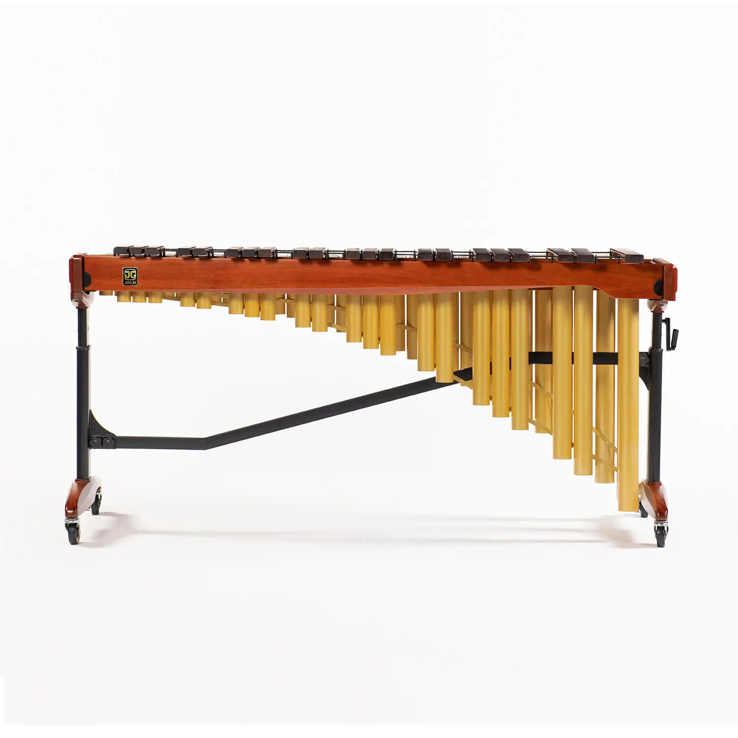 JINLEI marimba MLP-52 - full front view showing rosewood bars, gold anodized aluminum resonator tubes, cherry wood frame with JINLEI logo, and locking casters