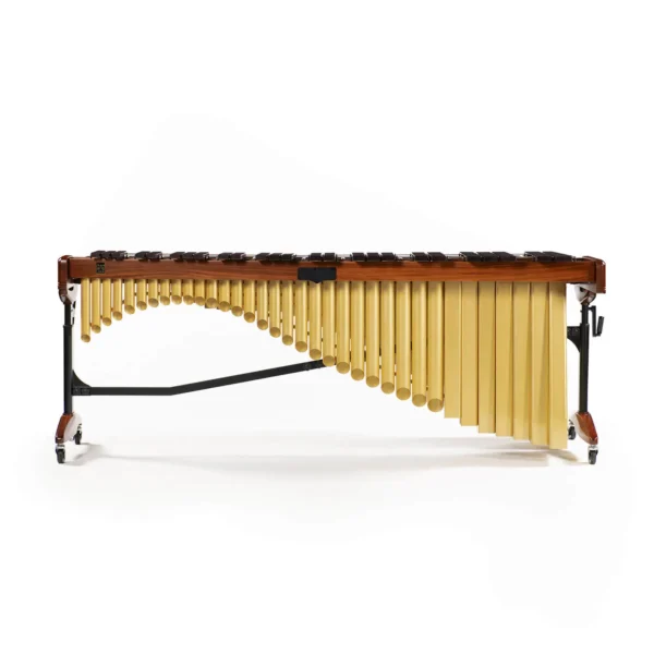 JINLEI marimba MLP-61 - full front view showing 5-octave rosewood bars, curved gold anodized resonator tubes, cherry wood frame with JINLEI logo, and locking casters