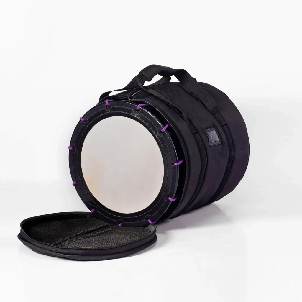 JINLEI okedou taiko soft case with front lid open revealing cowhide drum head and purple rope tuning on okedo daiko