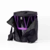 JINLEI okedou taiko soft case unzipped upright showing rope-tuned okedo daiko with purple ropes inside, JINLEI logo on lid