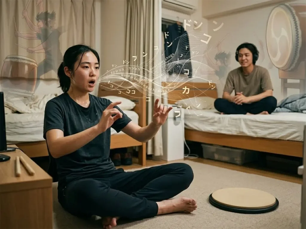 She holds miniature taiko sticks over a small practice pad. Her eyes are closed, and a subtle, radiating japanese phonetic sound, indicating vocal practice.