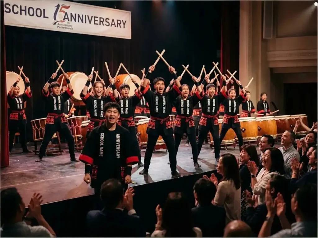 A group of confident students performing taiko drumming on stage during a school anniversary event. With their drumsticks raised high in the air and enthusiastic expressions, their powerful rhythm deeply moves the audience of smiling, applauding parents and teachers in the foreground.