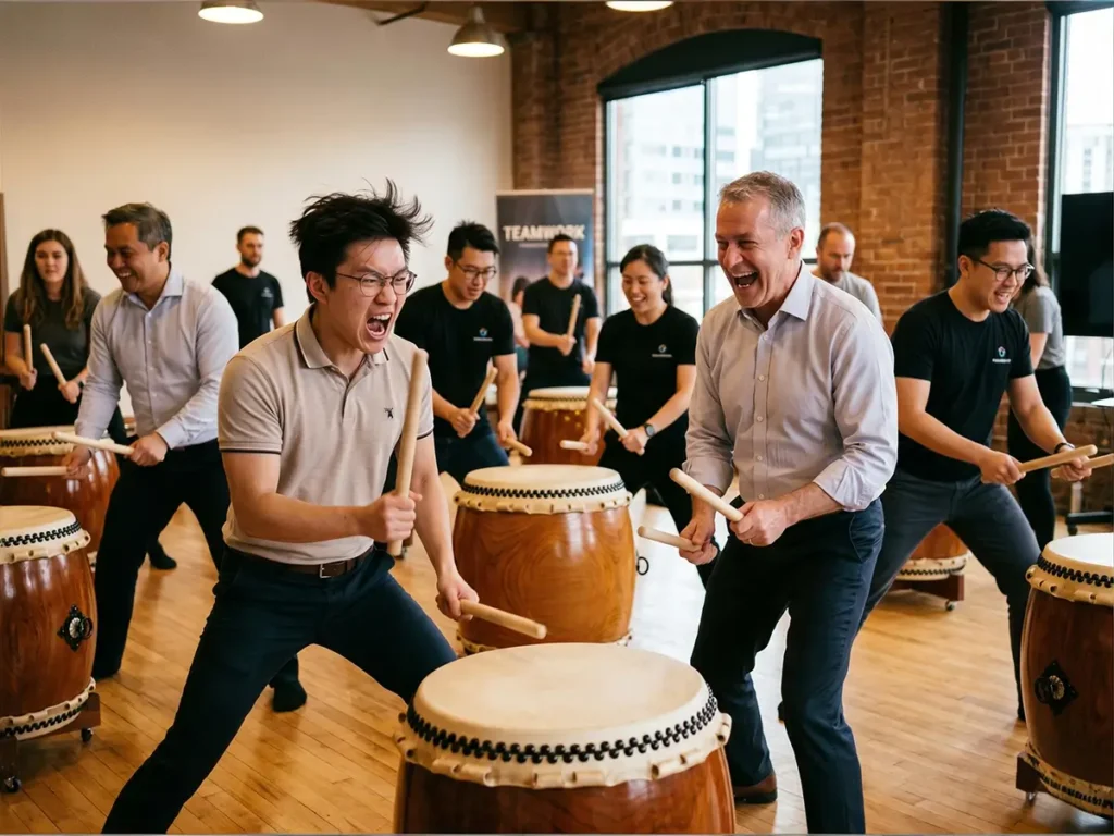 Corporate team building taiko drumming event with colleagues laughing and playing nagado taiko drums with bachi in a brick loft venue with Teamwork banner in background