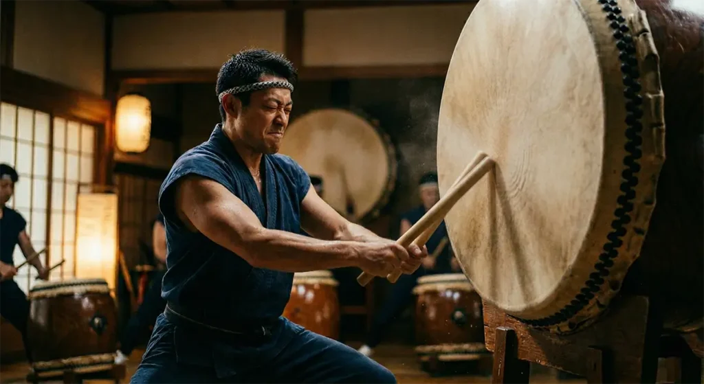 Close-up of a man firmly striking a taiko drum with his eyes closed, showing a facial expression of intense emotional release and stress relief.
