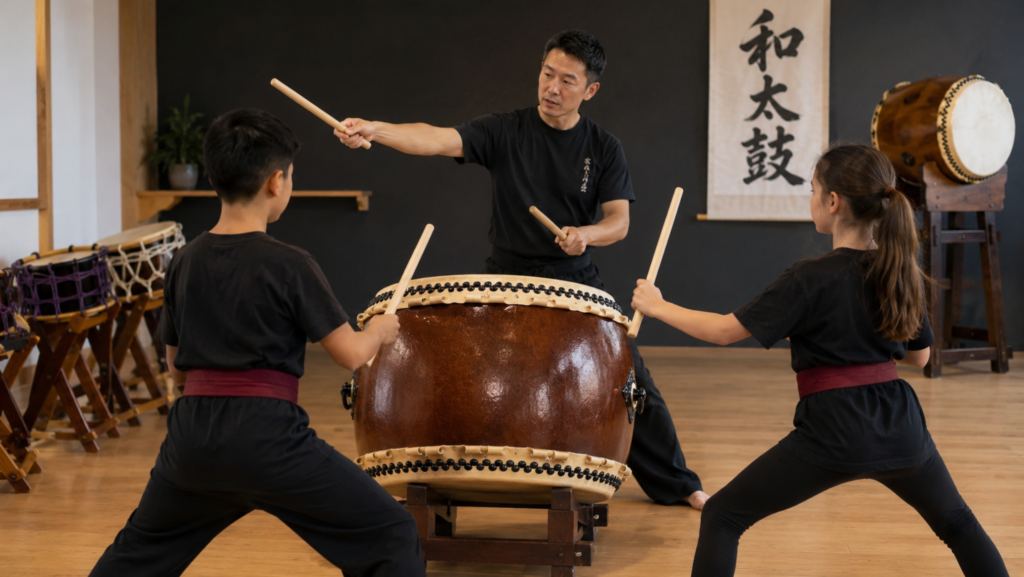 Beginner taiko class with two students sharing one Nagado Daiko while an instructor demonstrates proper technique