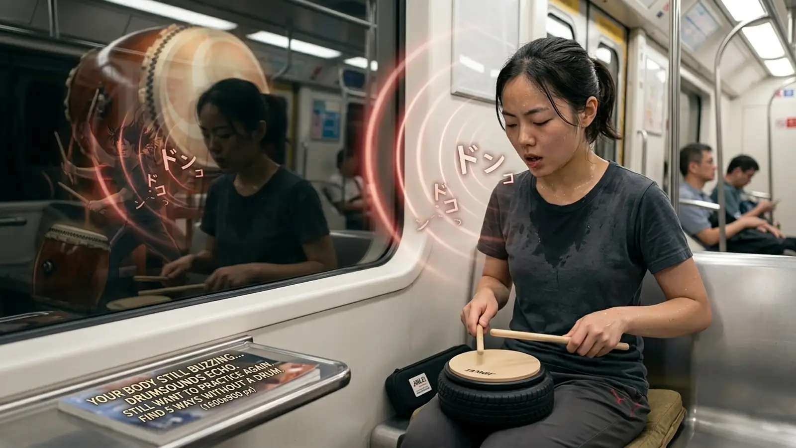A determined woman with sweat on her skin, she holds miniature taiko sticks over a knee-mounted combination of a small quiet JINLEI practice pad and a mini automobile tire model.