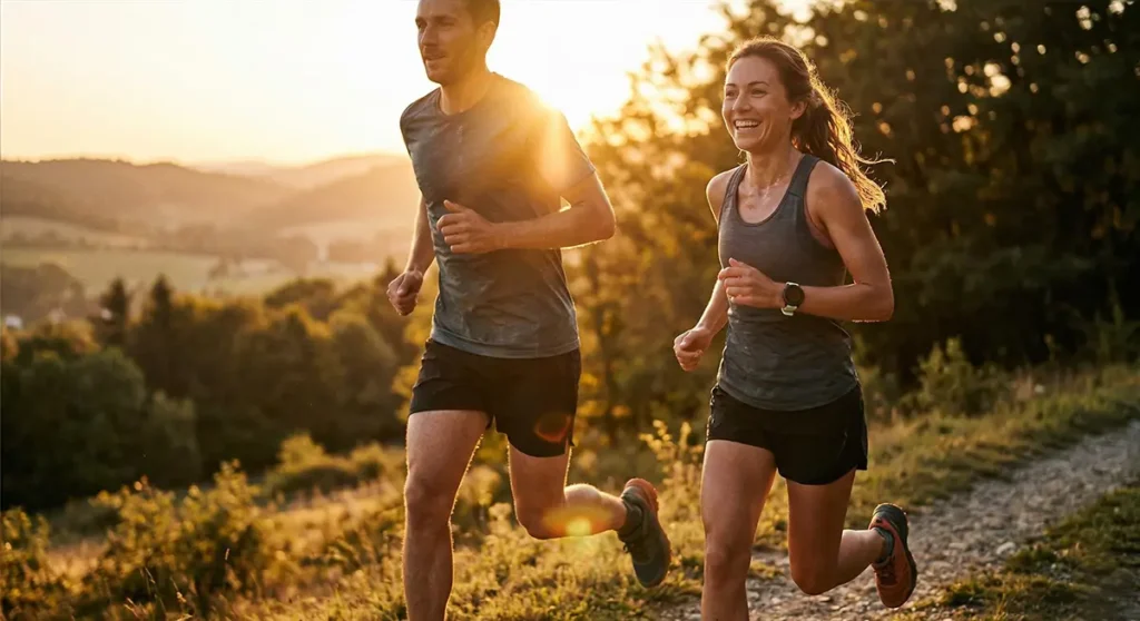 A man and a woman smiling happily while trail running together in nature during a warm golden sunset.