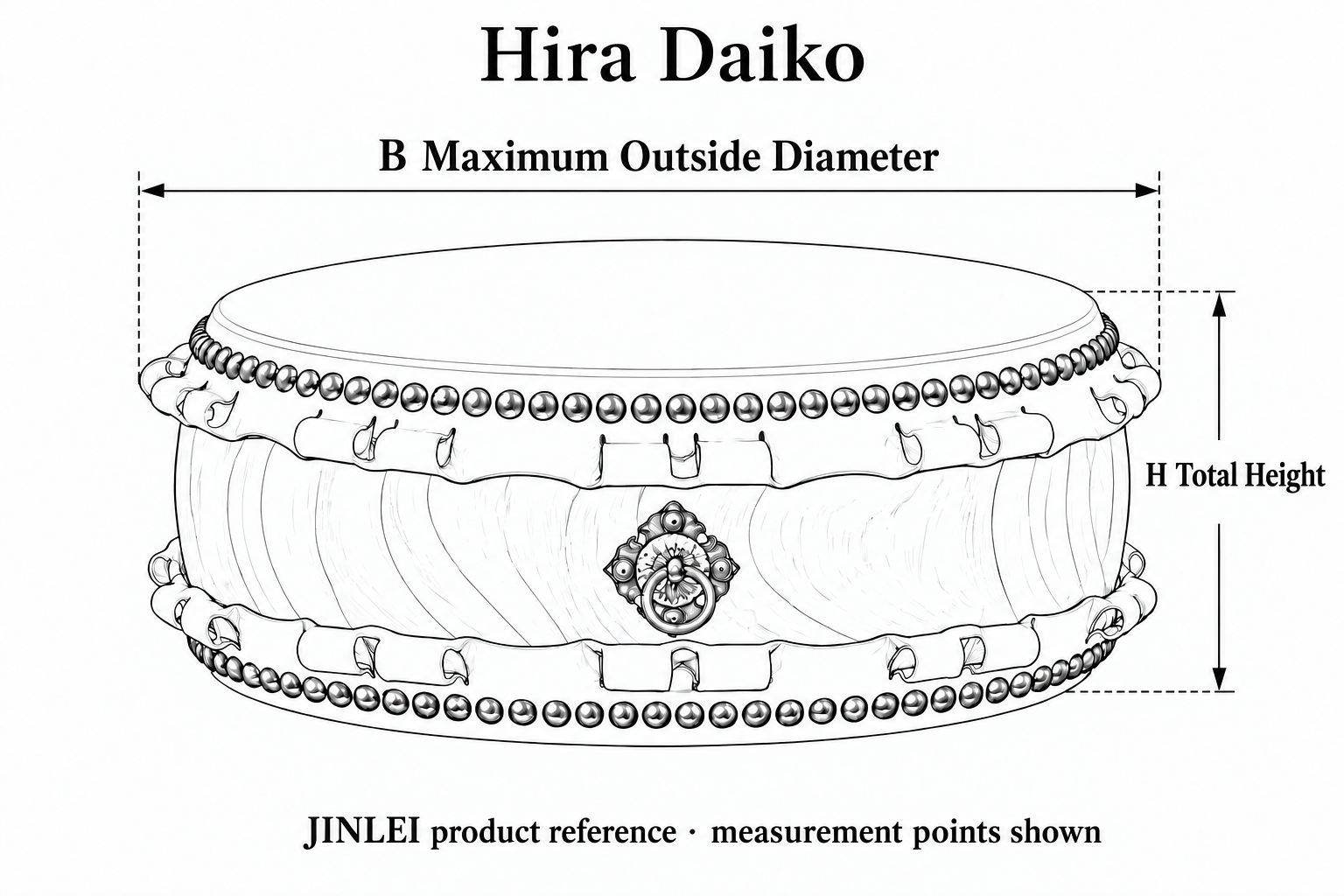 Hira Daiko measurement diagram showing B maximum outside diameter and H total height