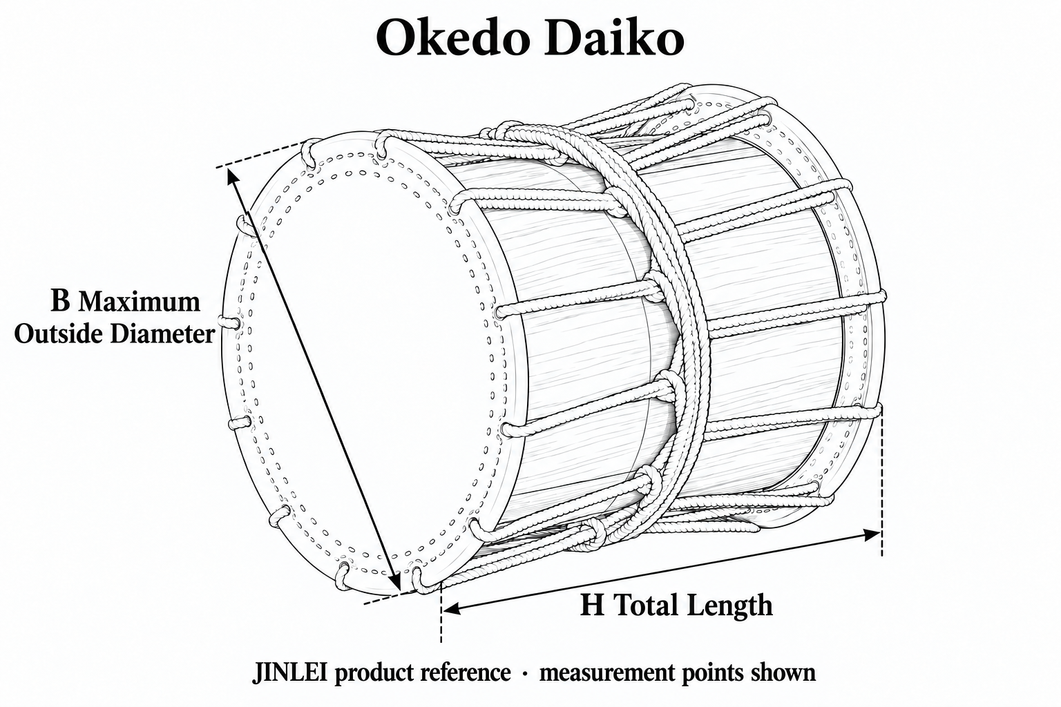 Okedo Daiko measurement diagram showing B maximum outside diameter and H total length