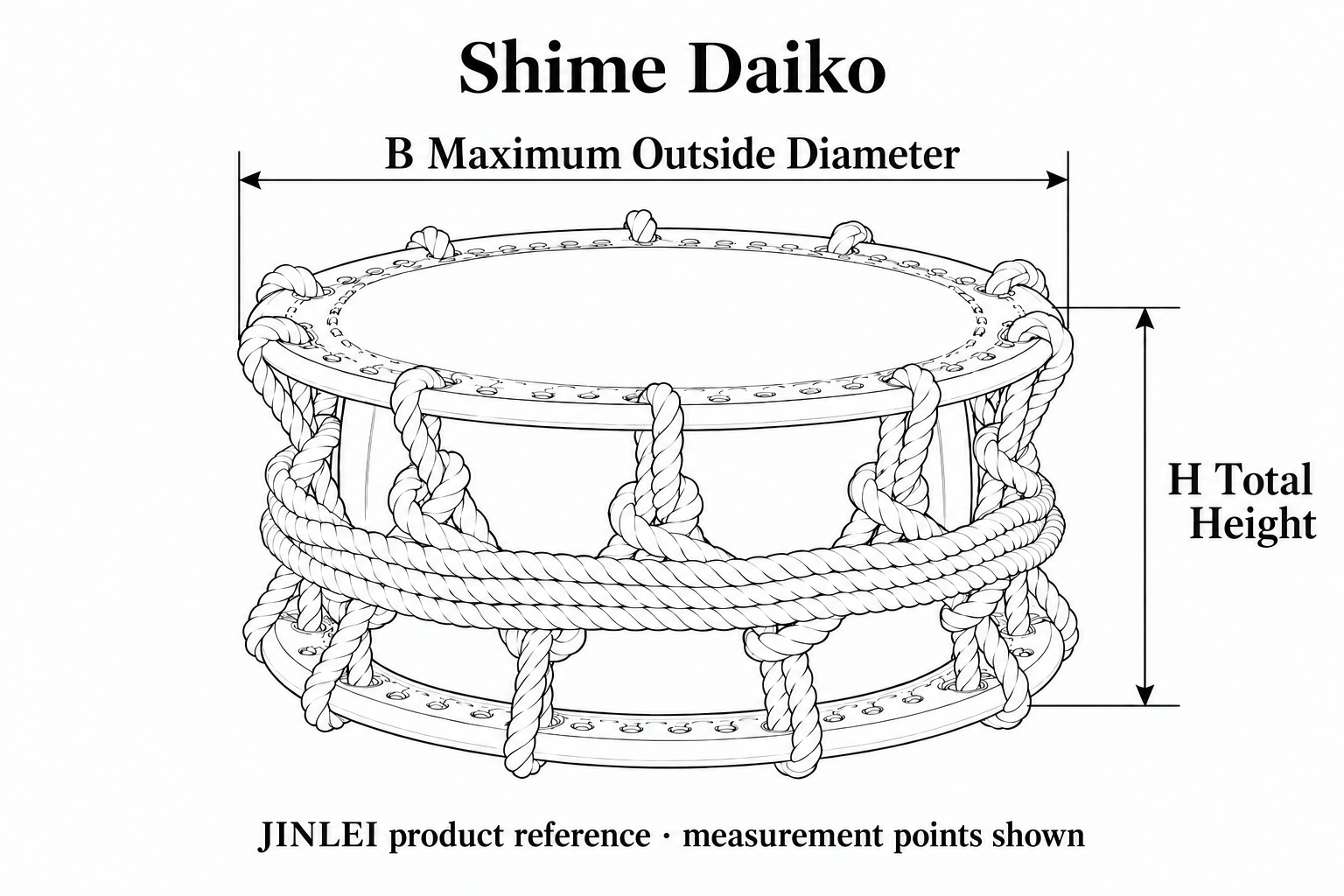Shime Daiko measurement diagram showing B maximum outside diameter and H total height