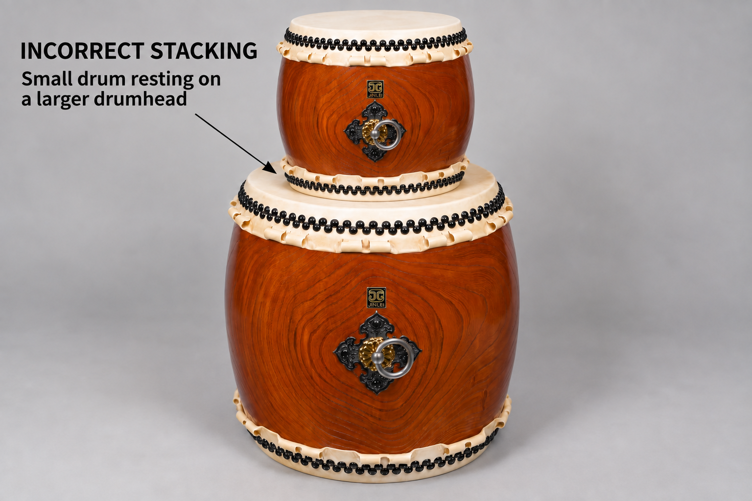 Incorrect Nagado stacking with a smaller drum resting directly on the playing surface of a larger drum