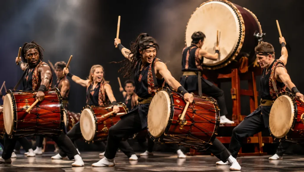 A group of international players playing katsugi oke daiko