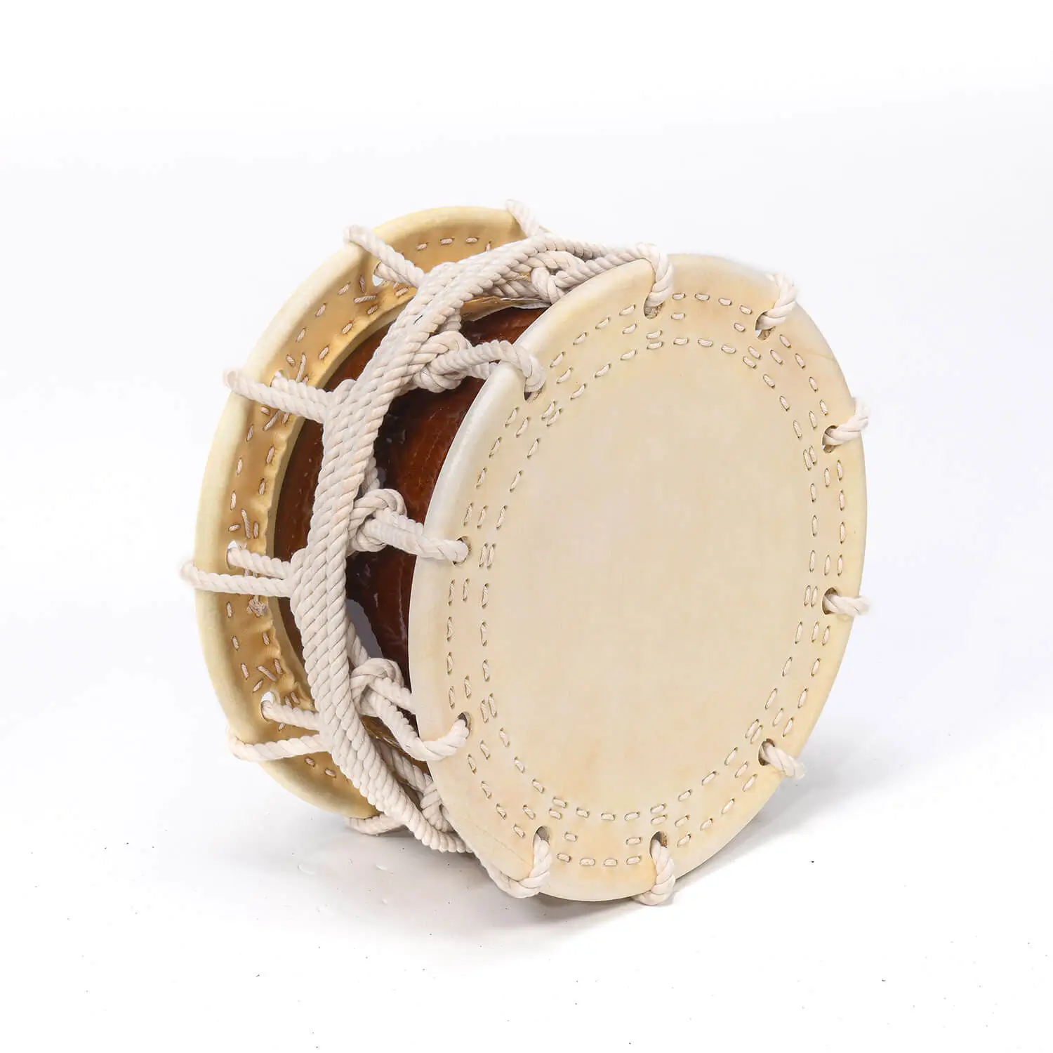 JINLEI standard 2-Chougake Shime Daiko with white rope lacing between the cowhide heads