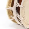 Close-up of JINLEI 2Cyougake Shime Daiko rope drum showing hand-stitched leather drumhead rim, thick white twisted rope tension lacing with multiple knotted ties against amber lacquered wood shell
