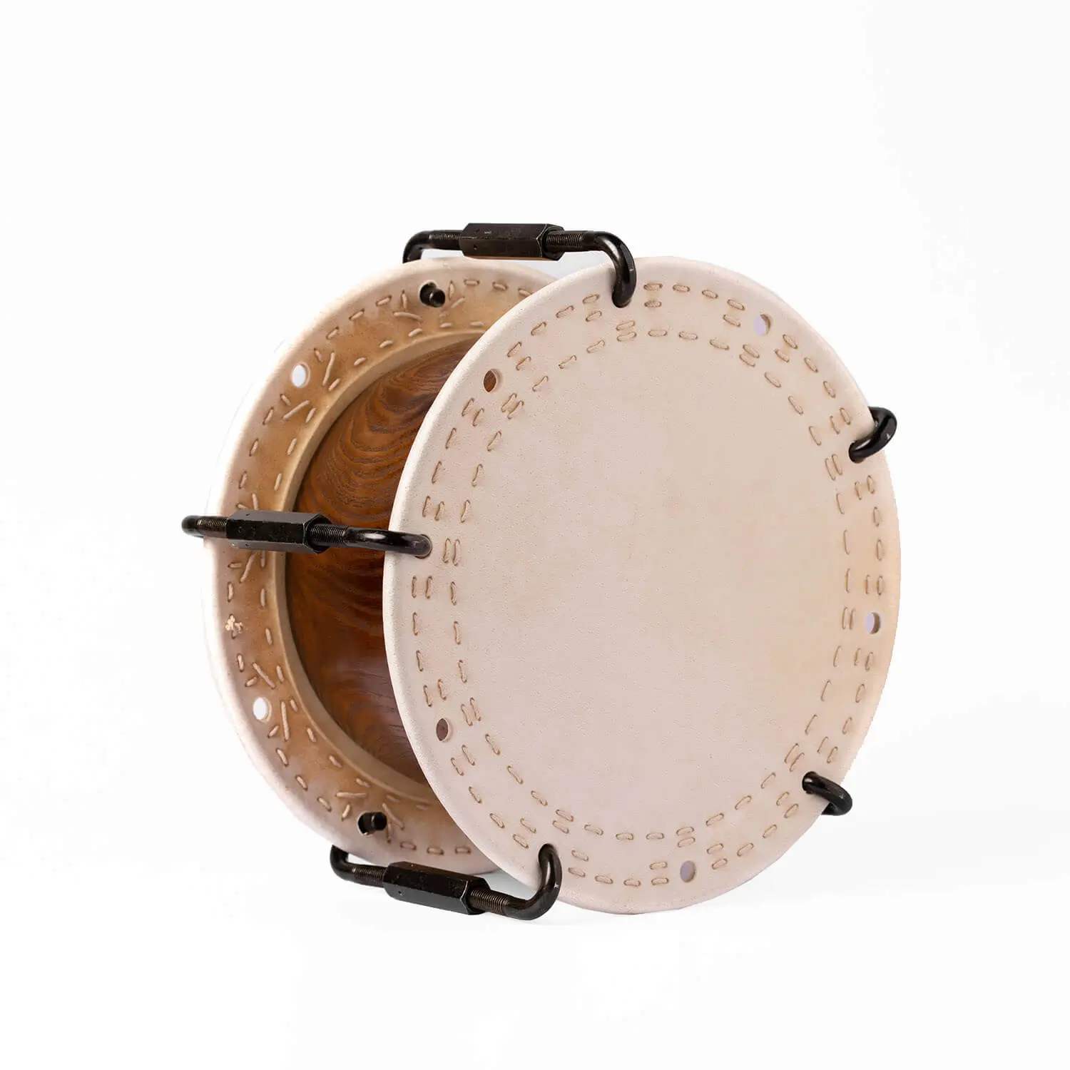 JINLEI 2Cyougake Shime Daiko Turnbuckle Special drum angled view showing natural cowhide drumhead with stitched leather rim, black metal turnbuckle tension system with U-shaped hooks and natural wood grain shell