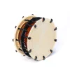JINLEI 2Cyoukake Shime Daiko bolt drum angled view showing natural cowhide drumhead with stitched leather rim, black metal hoop with threaded bolt tension system, leather washers and amber lacquered wood shell