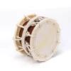 JINLEI 3Cyougake Shime Daiko rope drum angled view showing natural cowhide drumhead with double-row stitched leather rim, white twisted rope tension lacing and warm amber lacquered wood shell
