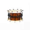JINLEI 3Cyoukake Shime Daiko bolt drum front view showing natural cowhide drumhead with stitched leather rim, evenly spaced black metal threaded bolt tension system with leather washers and glossy amber lacquered wood shell