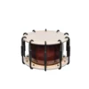 JINLEI 3Cyoukake Shime Daiko Turnbuckle drum front view showing natural cowhide drumhead with stitched leather rim, evenly spaced black metal turnbuckle tension system with U-shaped hooks and deep amber lacquered wood shell