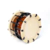 JINLEI 4Cyoukake Shime Daiko bolt drum angled view showing natural cowhide drumhead with stitched leather rim, black metal hoop with threaded bolt tension system, leather washers and glossy amber lacquered wood shell