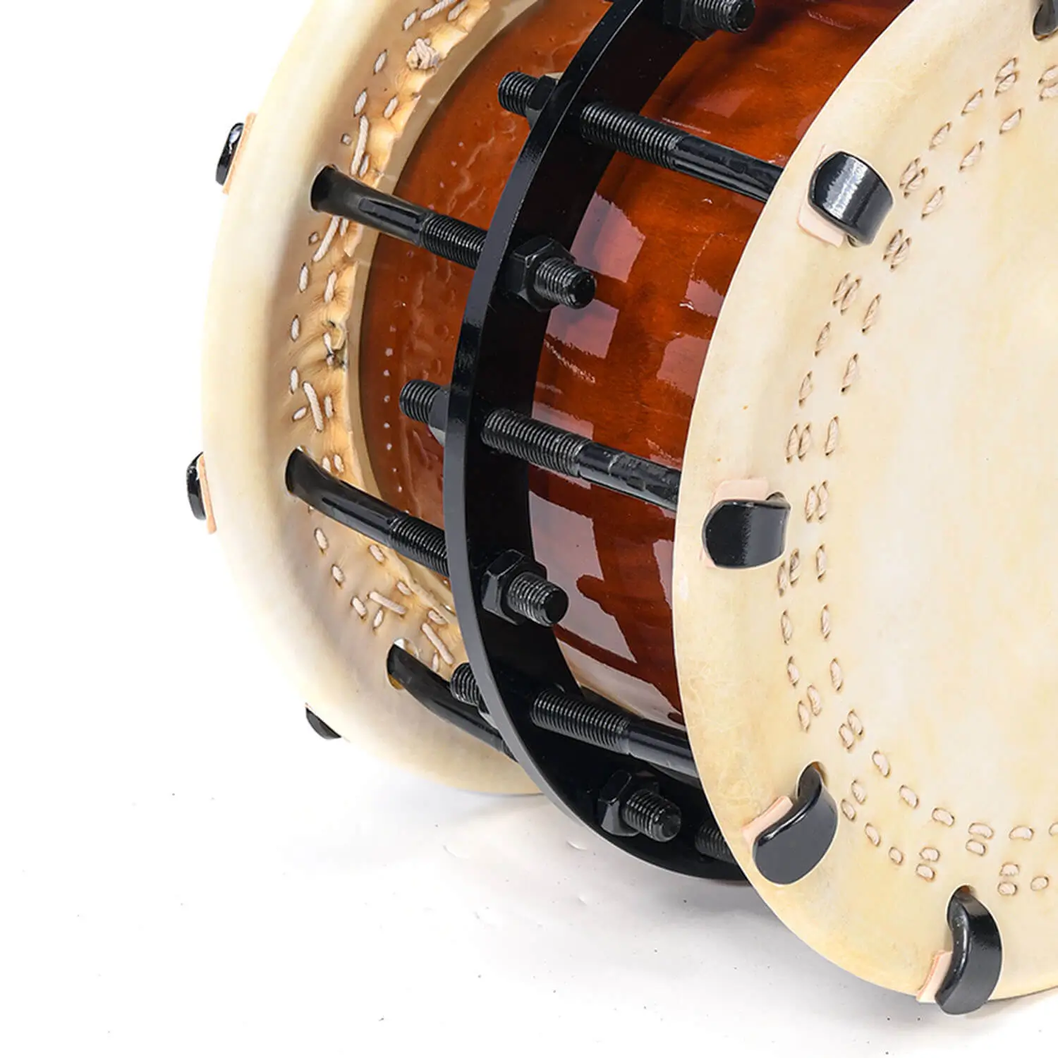 Close-up of JINLEI 4Cyoukake Shime Daiko bolt drum showing stitched leather drumhead rim, dual black metal hoops with threaded bolt and nut tension hardware with leather washers against glossy amber lacquered wood shell