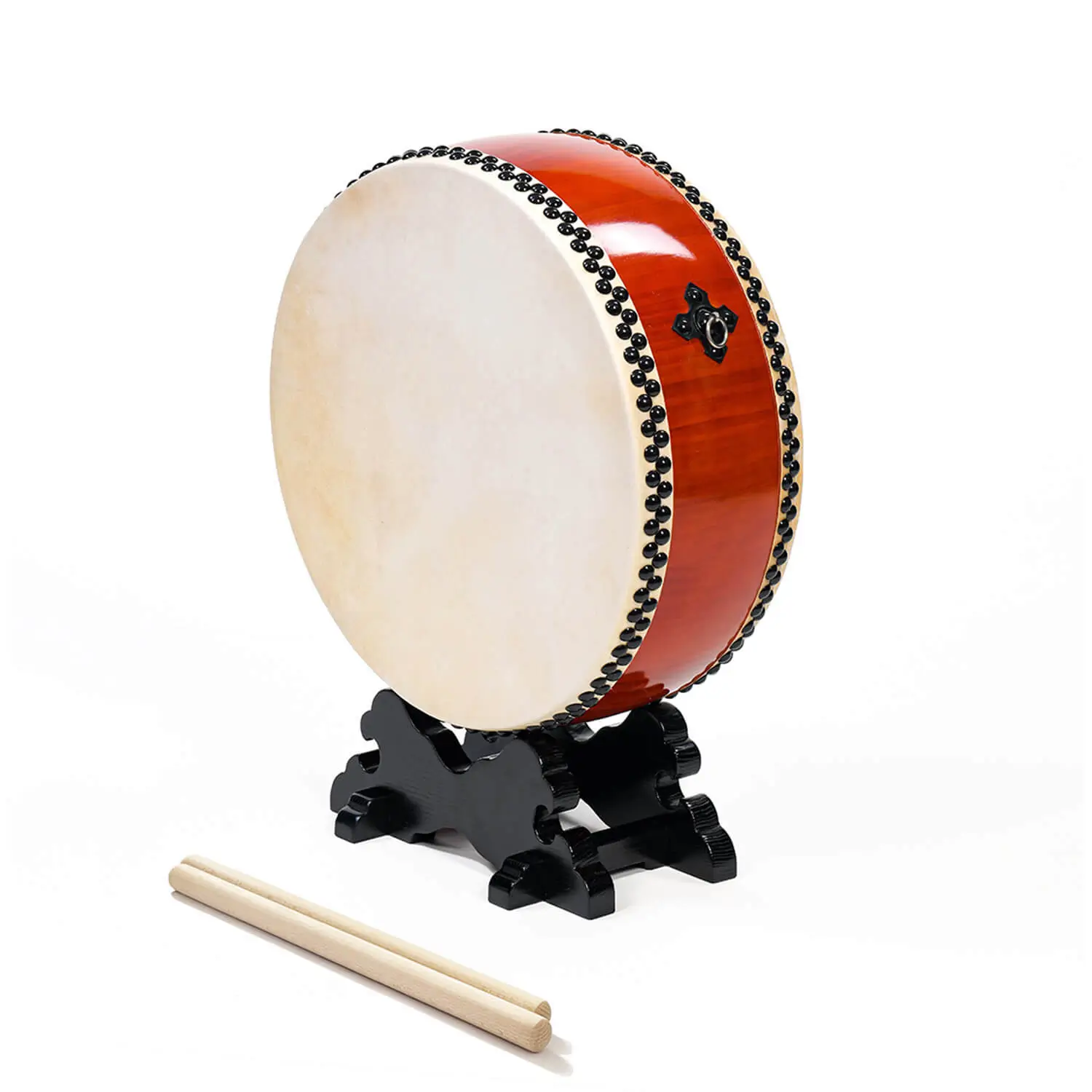 JINLEI eisa hira daiko, red lacquered flat drum with cowhide heads, black tack trim, metal ring handle on black ornamental stand with wooden bachi