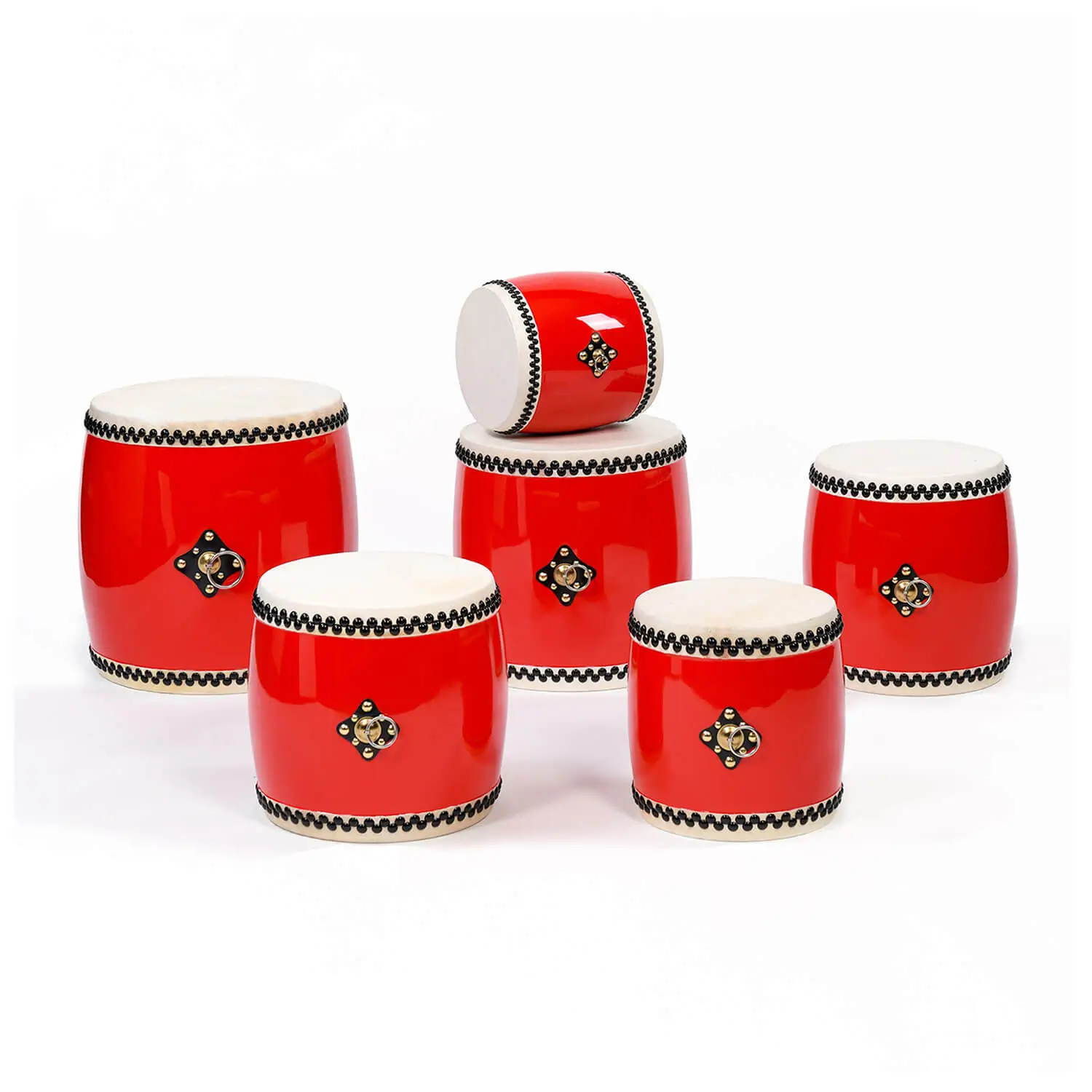JINLEI eisa-o-daiko, group of five different sizes with red lacquered barrel body, cowhide heads, black tack trim and metal ring handles