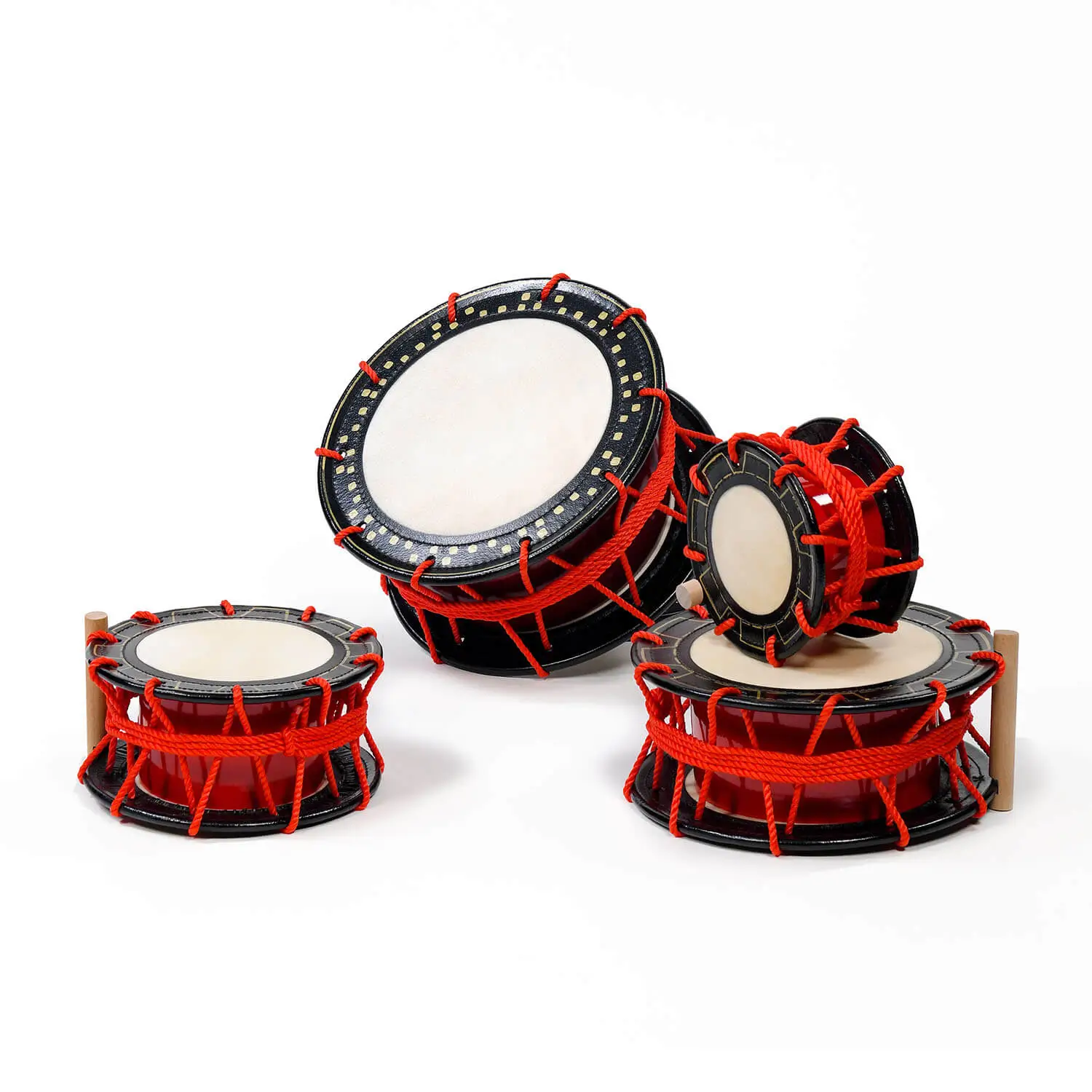 JINLEI eisa shime daiko, group of three different sizes with red lacquered body, red rope tuning, black rim and wooden bachi handle