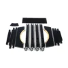 JINLEI four-pillar stand for o-shime disassembled, showing all parts including black legs with casters, crossbars, curved cradle panels and rope cushion