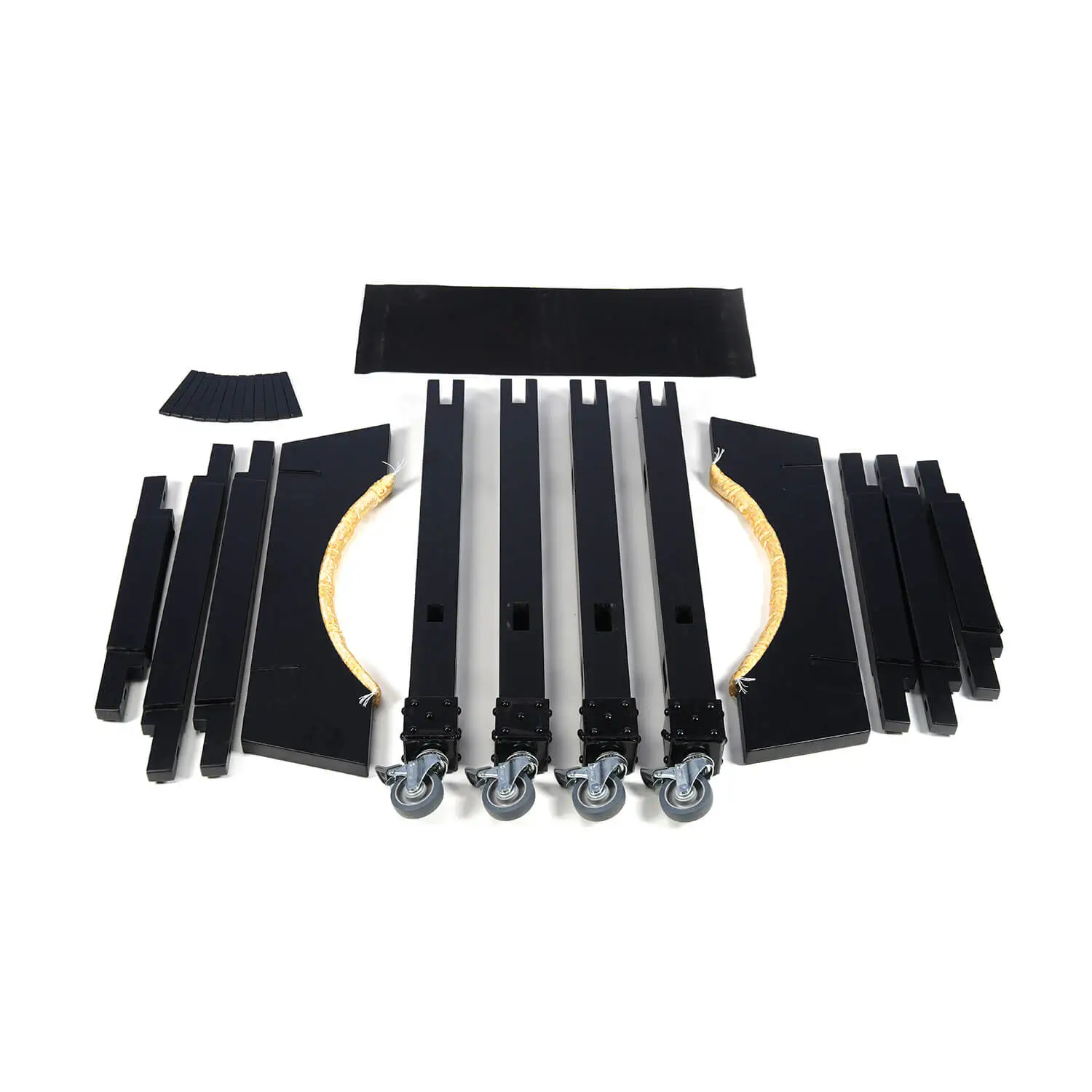 JINLEI four-pillar stand for o-shime disassembled, showing all parts including black legs with casters, crossbars, curved cradle panels and rope cushion
