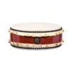 JINLEI Hira Daiko African Padauk Kurinuki drum front view showing flat wide-body design with cowhide drumhead, black bead tacking, rawhide lacing and deep red padauk wood shell with ornate gold hardware