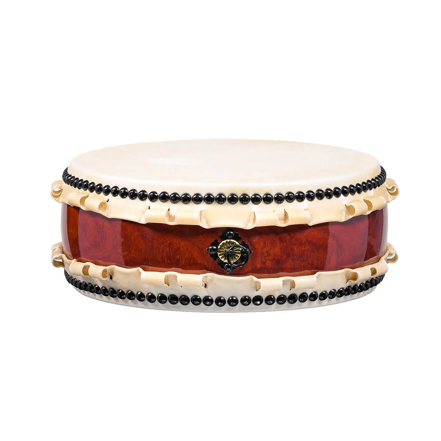 JINLEI Hira Daiko African Padauk Kurinuki drum front view showing flat wide-body design with cowhide drumhead, black bead tacking, rawhide lacing and deep red padauk wood shell with ornate gold hardware