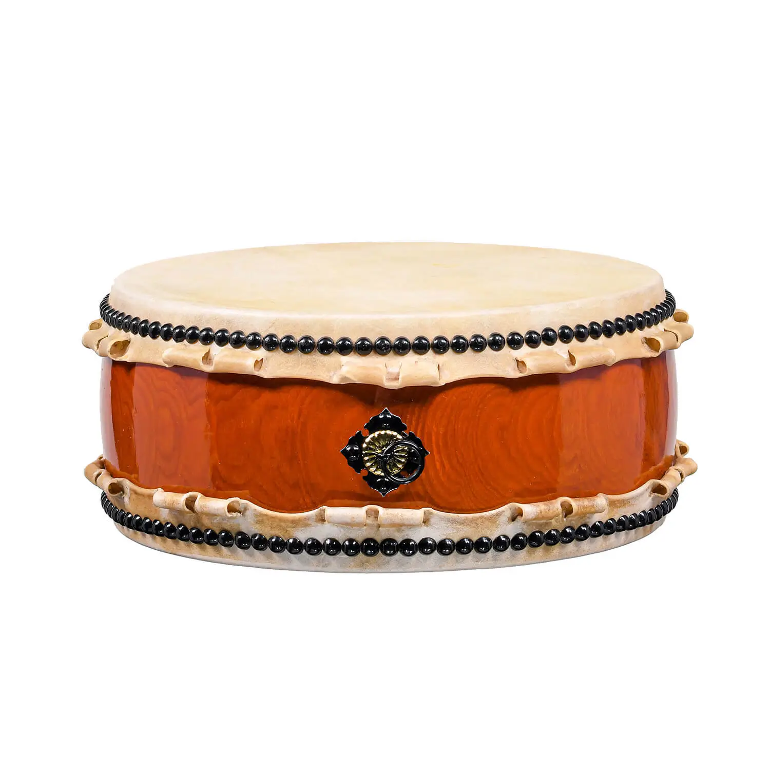 JINLEI Hira Daiko Ash Wood Kurinuki drum front view showing flat wide-body design with cowhide drumhead, black bead tacking, rawhide lacing and glossy orange-red ash wood shell with ornate gold hardware