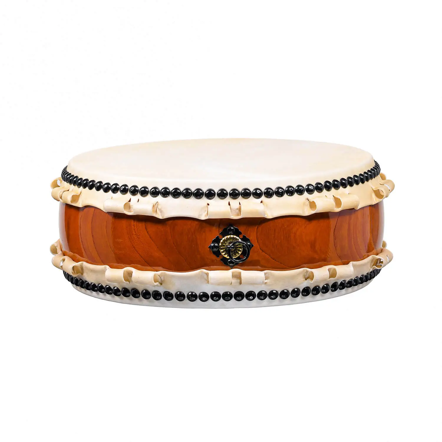 JINLEI Hira Daiko Keyaki drum front view showing flat wide-body design with cowhide drumhead, black bead tacking, rawhide lacing and reddish-brown keyaki wood shell with ornate gold hardware
