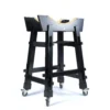 JINLEI Hira-O-shime daiko tower stand, black frame with curved cradle top, rope cushion, and locking caster wheels, full view
