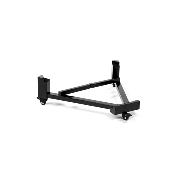JINLEI hira-o-shime v stand, black V-shaped frame with padded cradle supports and caster wheels, side view