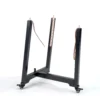 JINLEI Hiradaiko Hanging Stand full view showing black metal A-frame structure with adjustable leather hanging straps, center support bar and lockable swivel caster wheels for easy mobility
