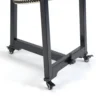 Close-up of JINLEI Hiradaiko Hanging Stand base showing black metal frame with rectangular cross-bar supports and four lockable swivel rubber caster wheels