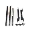 JINLEI Hiradaiko Hanging Stand disassembled parts layout showing black wood frame rails, adjustable leather hanging straps, base bracket components, caster wheels and assembly wrench