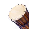 JINLEI katsugi shime daiko, close-up of stitched cowhide drumhead with navy rope tuning on natural wood grain shell
