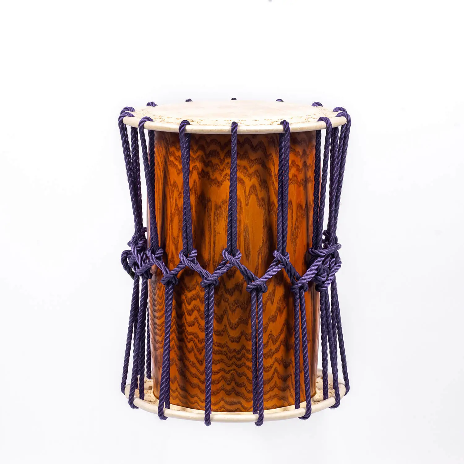 JINLEI katsugi shime daiko, front view showing lacquered wood grain shell with navy rope knots and natural skin heads